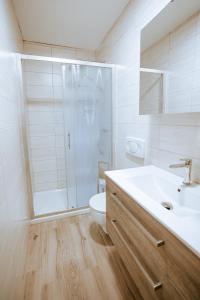 a bathroom with a shower and a sink and a toilet at Apartments Čenda in Železniki