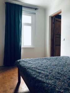 1 dormitorio con cama y ventana en Cozy apartment near the city center, en Tartu