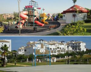 un collage de dos fotos de un parque infantil en 2201-Lovely 2 bedrooms with terrace and pool, en Manilva