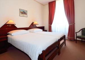 - une chambre avec un grand lit et une fenêtre dans l'établissement Grand Hôtel des Rasses, à Yverdon-les-Bains