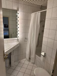 La salle de bains est pourvue d'une douche, de toilettes et d'un lavabo. dans l'établissement Madisson green "dream in", à Heiligenhaus