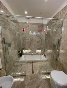 W łazience znajduje się prysznic, toaleta i umywalka. w obiekcie Luxury 2 al duomo di parma w mieście Parma
