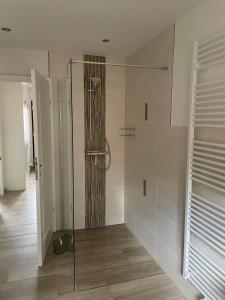 a shower with a glass door in a bathroom at Ferienhaus Osterende in Bordelum