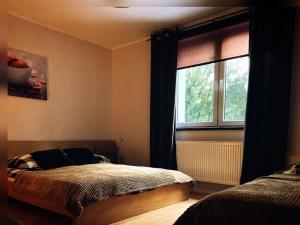 un dormitorio con una cama y una ventana en Apartamenty Świerkowa 10, en Buczkowice
