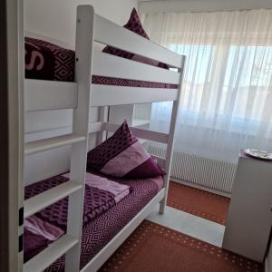 een stapelbed in een kamer met paarse kussens bij Ferienwohnung Berolina 116 in Dahme