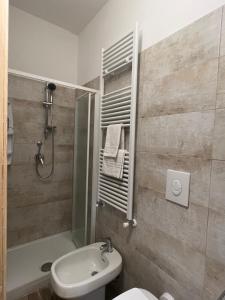 a bathroom with a sink and a toilet and a shower at Casa vacanze “La baita” in Roccaraso