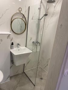 La salle de bains est pourvue d'une douche, d'un lavabo et d'un miroir. dans l'établissement Вила Деливерски, à Starosel