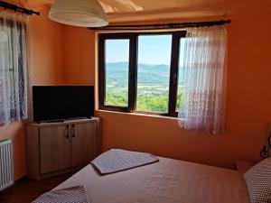 a bedroom with a bed and a tv and a window at Комплекс Белла Терра in Gostilitsa