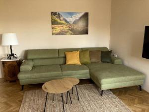 ein Wohnzimmer mit einem grünen Sofa und einem Tisch in der Unterkunft Vila Mir - Apartment in Begunje