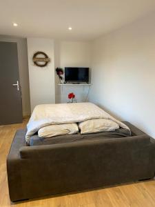 ein großes Bett in einem Zimmer mit einem TV an der Wand in der Unterkunft studio rouge in Arras