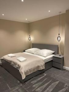 - une chambre avec un grand lit et 2 oreillers blancs dans l'établissement JPP 1- Zimmer Apartment in Hamburg Farmsen Berne SELF CHECK-IN, à Hambourg
