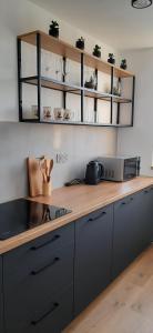 a kitchen with a counter with a stove and shelves at APARTAMENT Klasztorna Centrum Nowy Sącz in Nowy Sącz
