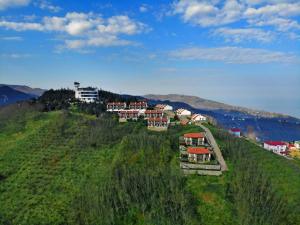 a green hill with houses on top of it at Akcatepe Dag Evleri in Akcaabat