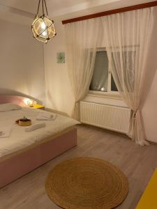 1 dormitorio con cama, ventana y alfombra en Vila Bucuria Corbu, en Corbu
