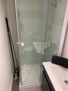 un baño con ducha de cristal junto a un lavabo en studio naturel en Arras