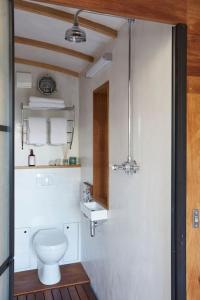 a white bathroom with a toilet and a sink at The Cabana - a romantic seaside getaway and garden in Ryde