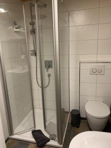 a bathroom with a shower and a toilet at Ferienwohnung "Beim Dôneslar" in Bad Oberdorf