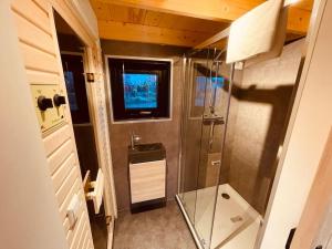 a bathroom with a shower and a television on the wall at Basecamp Tiny House Eco Resort in IJmuiden
