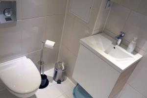 a bathroom with a white toilet and a sink at Cozy apartment near Lõunakeskus with home cinema in Tartu +13 photos