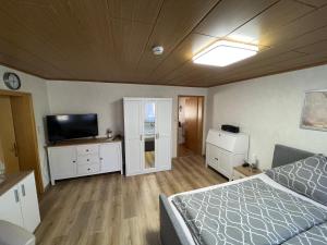 a bedroom with a bed and a flat screen tv at Bergmannsruh in Clausthal-Zellerfeld