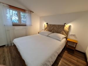 sypialnia z dużym białym łóżkiem i oknem w obiekcie Apartament nad Przykopą w mieście Krempachy
