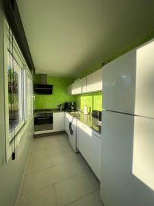 duża kuchnia z białymi urządzeniami i zielonymi ścianami w obiekcie Apartment Torrecilla w mieście Salobreña