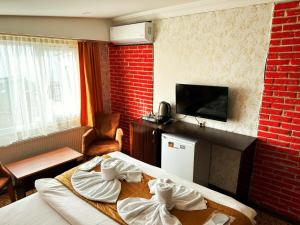 a hotel room with a bed and a tv at Rose Suite & Hotel in Buyukcekmece