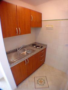 Elle comprend une petite cuisine avec un évier et des placards en bois. dans l'établissement Ludovica Tipo C, à Positano