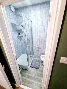 ein Bad mit einer Dusche und einem WC in der Unterkunft Beautiful Modern Apartment on Wick Lane in London