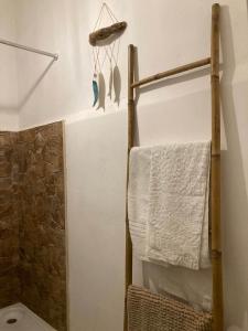 a bathroom with a towel rack and a toilet at Casa Girassol in Santiago do Cacém