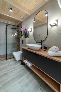 y baño con lavabo y espejo. en Apartamenty Pod Dębami en Sarbsk