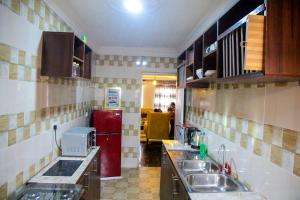 - une cuisine avec deux lavabos et un réfrigérateur rouge dans l'établissement A' BASICS APARTMENTS & SUITES, à Ibadan