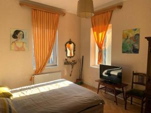 1 dormitorio con 1 cama y TV de pantalla plana en Cozy Apartment in T'bilisi en Tiflis