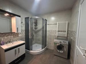 y baño con ducha y lavadora. en Cozy Apartment in T'bilisi en Tiflis