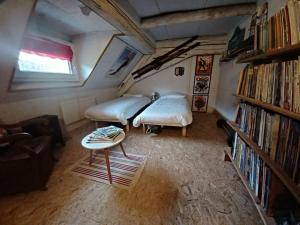 salon z 2 łóżkami i półką na książki w obiekcie Gite de la Grande Verrerie 6 personnes RIBEAUVILLE w mieście Ribeauvillé