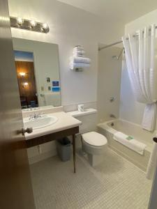 La salle de bains est pourvue d'un lavabo, de toilettes et d'une baignoire. dans l'établissement Waterway Inn, à Indian River