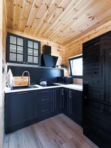 a kitchen with black cabinets and a wooden ceiling at Domek w sercu Kaszub in Dziemiany