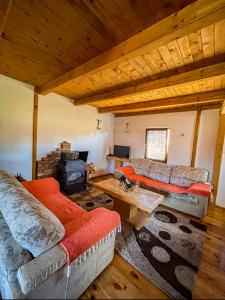 ein Wohnzimmer mit 2 Sofas und einem Kamin in der Unterkunft Chalet Breza in Kolašin