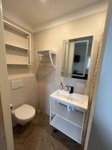 een badkamer met een toilet, een wastafel en een spiegel bij Renovated & private Tinyhouse Den Haag short stay appartment in Den Haag