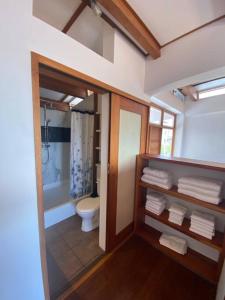 y baño con aseo, ducha y toallas. en Beautiful apartment in the heart of Puerto Ayora, en Puerto Ayora