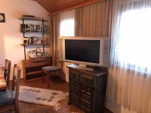 a living room with a television on a dresser with a window at Retro Ferienwohnung mit Schlossblick im Nordschwarzwald in Altensteig