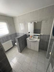 een badkamer met een wastafel en een spiegel bij Maison au sein d’un corps de ferme. 