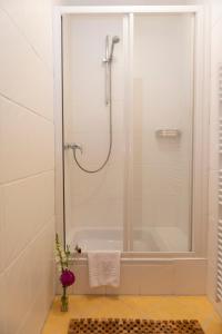 a bathroom with a shower and a bath tub at Hartlhof Urlaub am Baby- und Kinderbauernhof in Niederau