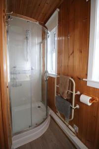 baño con ducha y puerta de cristal en Craigievern Cottage, en Drymen