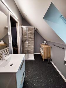 ein Bad im Dachgeschoss mit einem Waschbecken und einem Spiegel in der Unterkunft Studio Les Grandes Menières in Le Donjon