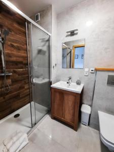 a bathroom with a sink and a shower at Apartament HARPUN nad morzem in Rusinowo
