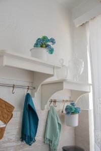a bathroom with white shelves and two potted plants at Philoxenia traditional house in Pastida +28 photos