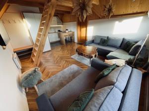 a living room with a couch and a ladder at Smrekowe Zacisze in Bańska Niżna