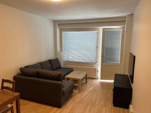 ein Wohnzimmer mit einem Sofa und einem TV in der Unterkunft Modern 45m^2 Ullanlinna apartment in Helsinki