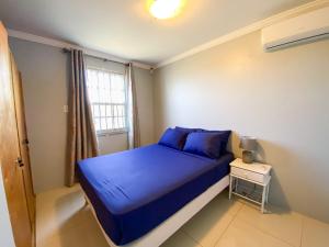 Un pequeño dormitorio con una cama azul y una ventana en Benito Home, en Tera Kora